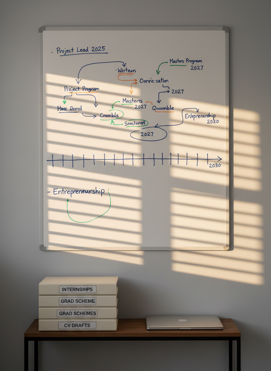 A neatly organized career-planning corner with a large, vertical whiteboard filled with hand-drawn flowcharts, timelines, and neatly written career milestones, all in dark ink with subtle accent colors. Below the whiteboard, a slim console table holds labeled folders reading “Internships,” “Grad Schemes,” and “CV Drafts,” stacked carefully for easy access. A closed, professional-looking laptop rests beside them. Warm, late-afternoon sunlight streams through blinds, casting linear shadows across the whiteboard and adding depth and contrast to the writing. Photographic realism at eye level captures the full setup with sharp focus, while the surrounding wall remains uncluttered and neutral. The mood is structured and motivational, ideal for illustrating career guidance and planning resources for ambitious young people.