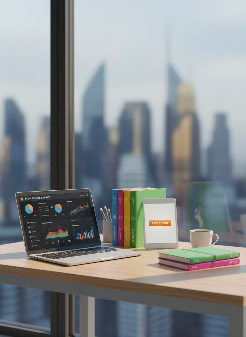 A sleek, modern study desk arranged with symbolic tools of youth opportunity: an open silver laptop displaying a colorful dashboard of scholarships, a neatly stacked set of textbook-sized notebooks with bright, optimistic covers, and a slim tablet showing a clean “Apply Now” button. The desk sits in front of a large window overlooking an abstract, softly blurred city skyline, suggesting global possibilities. Gentle morning daylight pours in, creating soft, natural highlights along metallic edges and casting calm, elongated shadows. Shot at eye level in photographic realism with a shallow depth of field, the foreground objects are in crisp focus while the background gently fades. The overall mood is professional, hopeful, and inviting, with a clean, minimal aesthetic that reflects clarity and direction for young people’s futures.