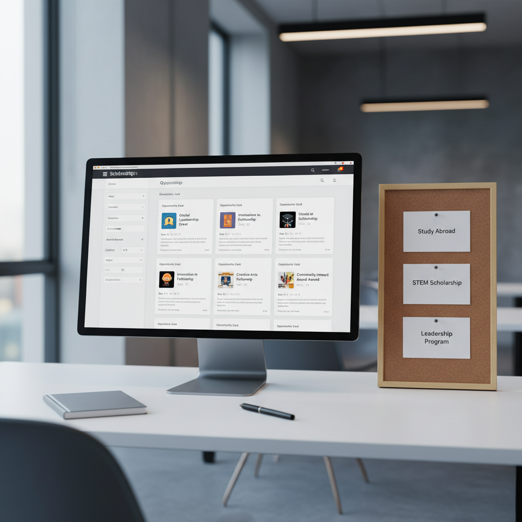 A polished, contemporary workspace featuring a large computer monitor displaying a clean, well-organized scholarship search interface with filters, deadlines, and opportunity cards. Nearby, a tidy corkboard holds pinned, text-based goal cards like “Study Abroad,” “STEM Scholarship,” and “Leadership Program,” all in a consistent, modern font. The desk surface is matte white, with a single closed notebook and a minimalist pen aligned precisely. Cool, indirect daylight from a side window combines with subtle overhead office lighting, creating even, professional illumination and soft shadows. Captured in photographic realism from a slightly elevated angle with moderate depth of field, the monitor and corkboard remain in clear focus. The atmosphere feels efficient, data-driven, and empowering, ideal for a youth opportunities hub homepage.