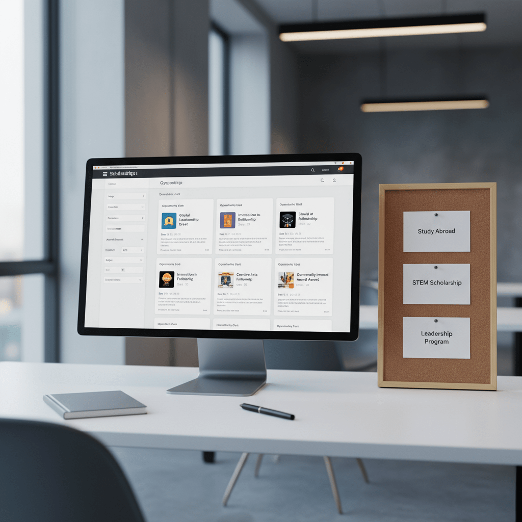 A polished, contemporary workspace featuring a large computer monitor displaying a clean, well-organized scholarship search interface with filters, deadlines, and opportunity cards. Nearby, a tidy corkboard holds pinned, text-based goal cards like “Study Abroad,” “STEM Scholarship,” and “Leadership Program,” all in a consistent, modern font. The desk surface is matte white, with a single closed notebook and a minimalist pen aligned precisely. Cool, indirect daylight from a side window combines with subtle overhead office lighting, creating even, professional illumination and soft shadows. Captured in photographic realism from a slightly elevated angle with moderate depth of field, the monitor and corkboard remain in clear focus. The atmosphere feels efficient, data-driven, and empowering, ideal for a youth opportunities hub homepage.