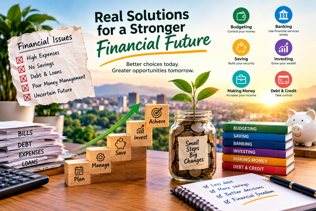An informative image promoting financial solutions, featuring a list of common financial issues like high expenses and no savings, alongside cheerful visuals of a plant growing from a jar of coins, and wooden blocks representing steps to achieve financial goals. It includes titles for budgeting, saving, banking, investing, making money, and managing debt.